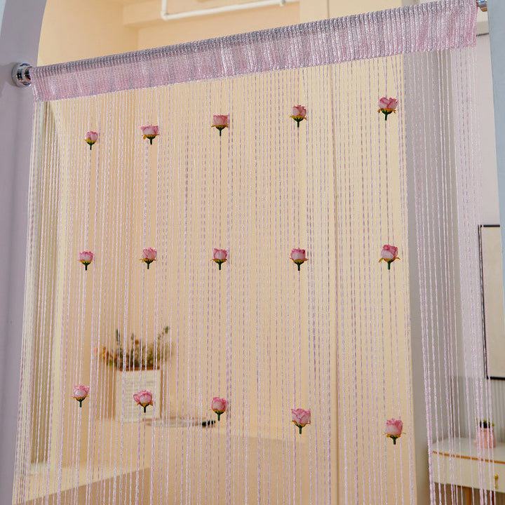 "Elegant dörrgardin i polyester med rosentråd i olika färger, moderna och genomskinliga för vardagsrum eller balkong."