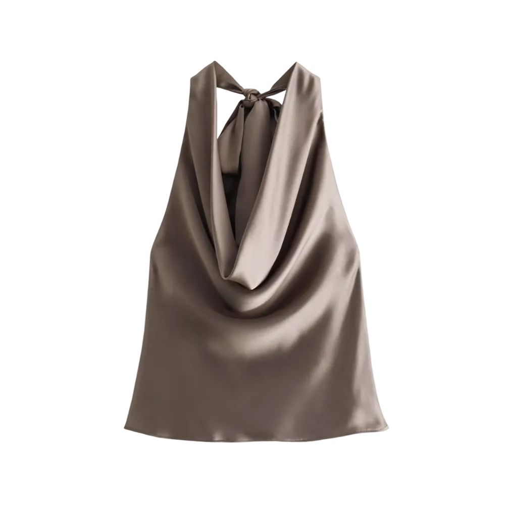 Elegant draperad halterneck tanktopp för kvinnor, brun, perfekt för sommarfester.