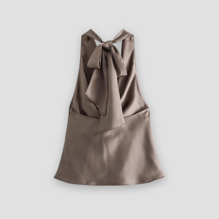 Svart draperad halterneck tanktopp, damsommarplagg med elegant design.