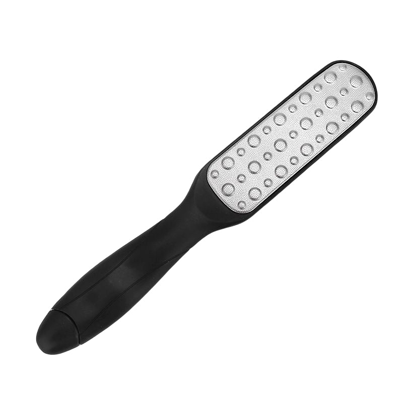 "Elegant dubbel sidig hudrasp för fotvård, ergonomiskt handtag i rostfritt stål och ABS, mjukar fötter effektivt."