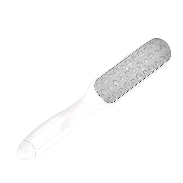 "Elegant dubbel sidig hudrasp för fotvård, ergonomiskt handtag i rostfritt stål och ABS, mjukar fötter effektivt."