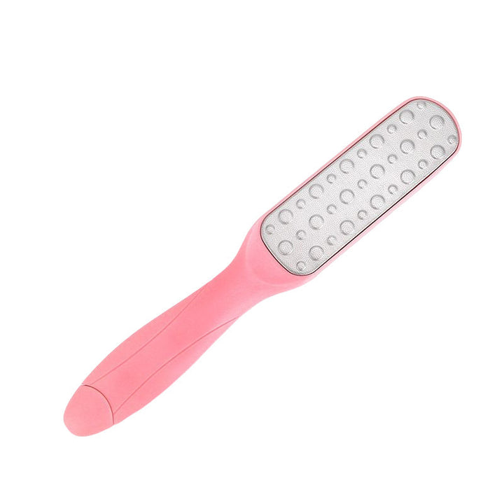 "Elegant dubbel sidig hudrasp för fotvård, ergonomiskt handtag i rostfritt stål och ABS, mjukar fötter effektivt."