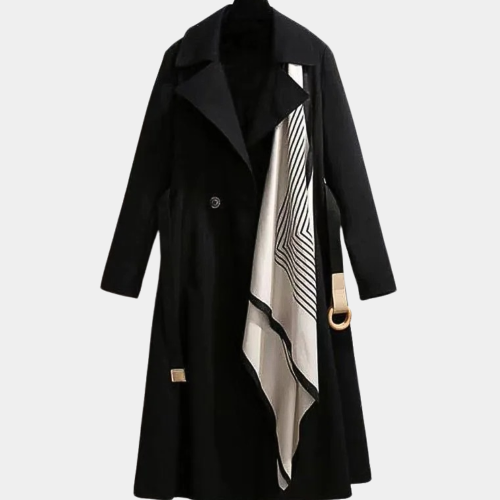 Kvinnors vinterkappa: en klassisk dubbelknäppt trenchcoat med justerbart bälte.