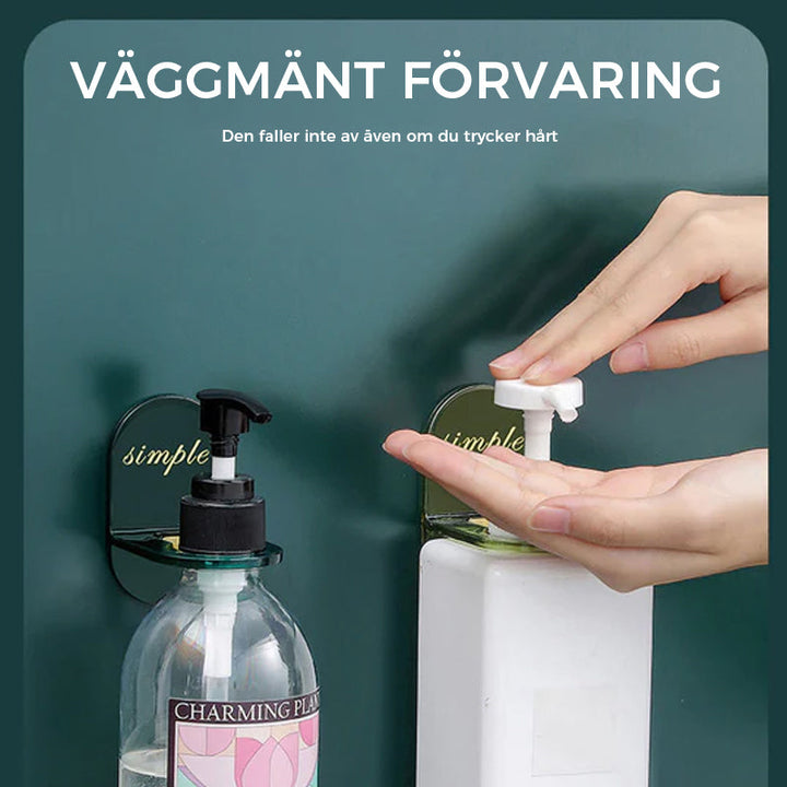 "Elegant duschgelhållare, mörk och tegrön, justerbar för olika flaskor, håller badrummet organiserat och stilrent."