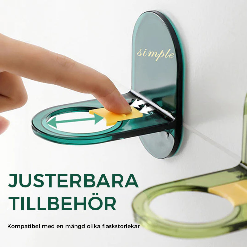 "Elegant duschgelhållare, mörk och tegrön, justerbar för olika flaskor, håller badrummet organiserat och stilrent."
