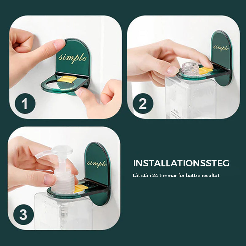 "Elegant duschgelhållare, mörk och tegrön, justerbar för olika flaskor, håller badrummet organiserat och stilrent."