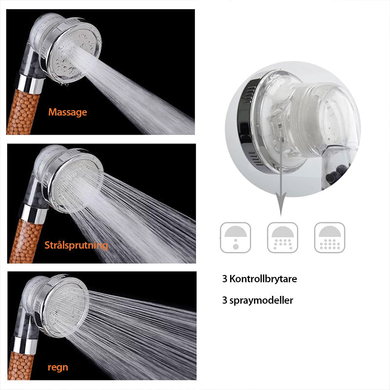 "Elegant duschmunstycke med bioaktiva stenar, tre spraylägen och miljövänlig design för spa-känsla i duschen."