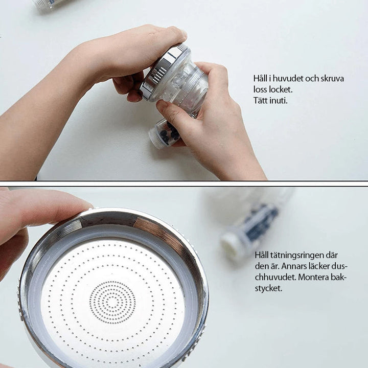 "Elegant duschmunstycke med bioaktiva stenar, tre spraylägen och miljövänlig design för spa-känsla i duschen."