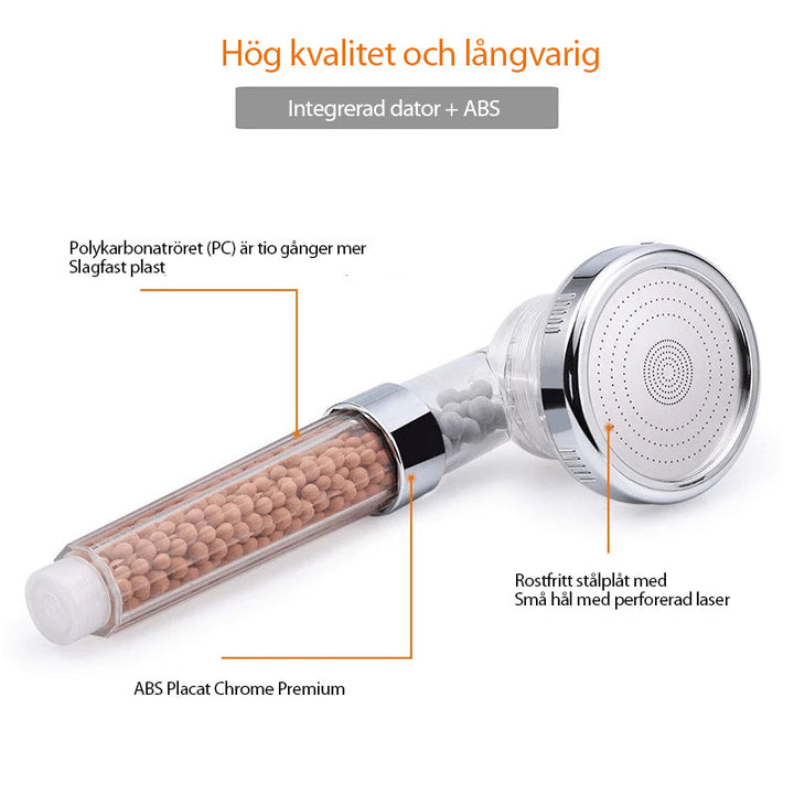 "Elegant duschmunstycke med bioaktiva stenar, tre spraylägen och miljövänlig design för spa-känsla i duschen."