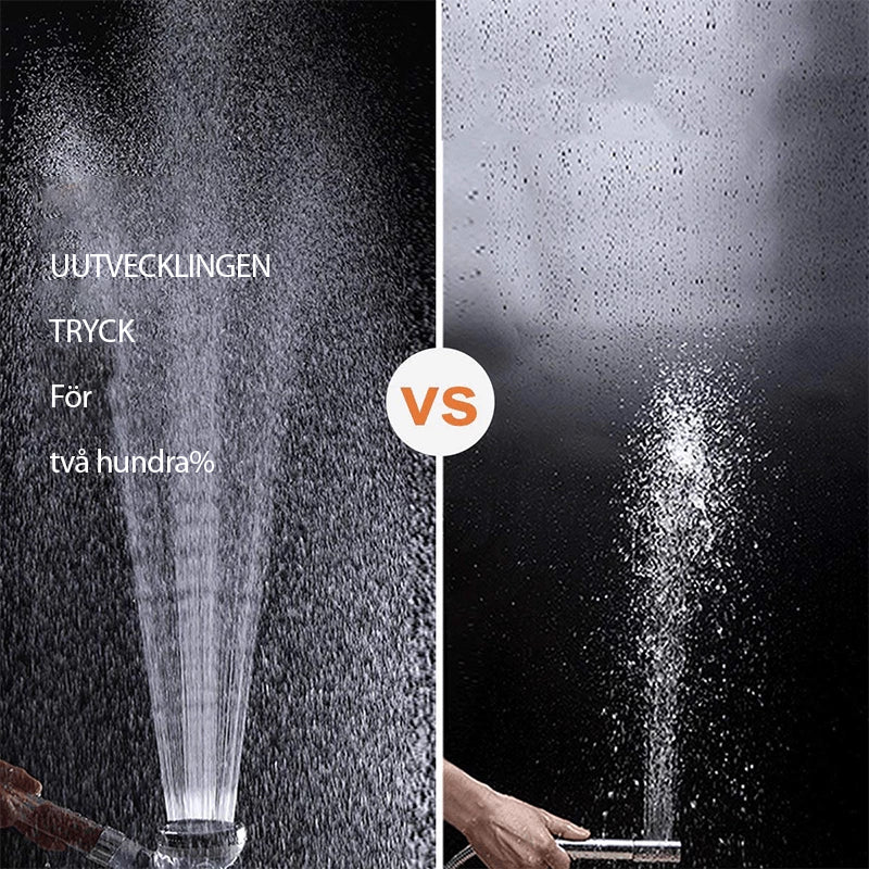 "Elegant duschmunstycke med bioaktiva stenar, tre spraylägen och miljövänlig design för spa-känsla i duschen."