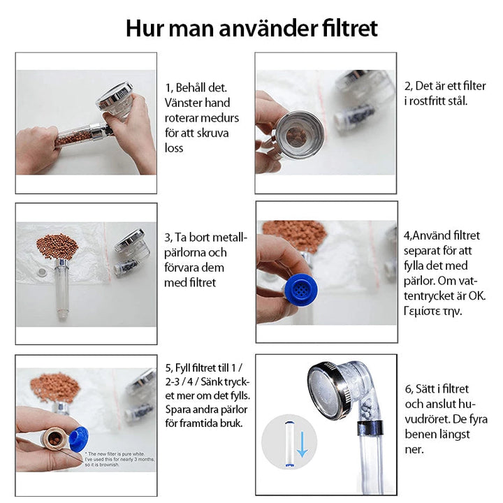 "Elegant duschmunstycke med bioaktiva stenar, tre spraylägen och miljövänlig design för spa-känsla i duschen."