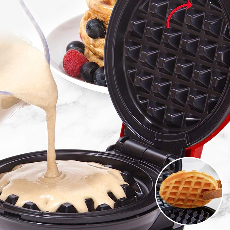 "Elegant elektrisk kompakt våffelmaker med non-stick beläggning, perfekt för små kök och resor."