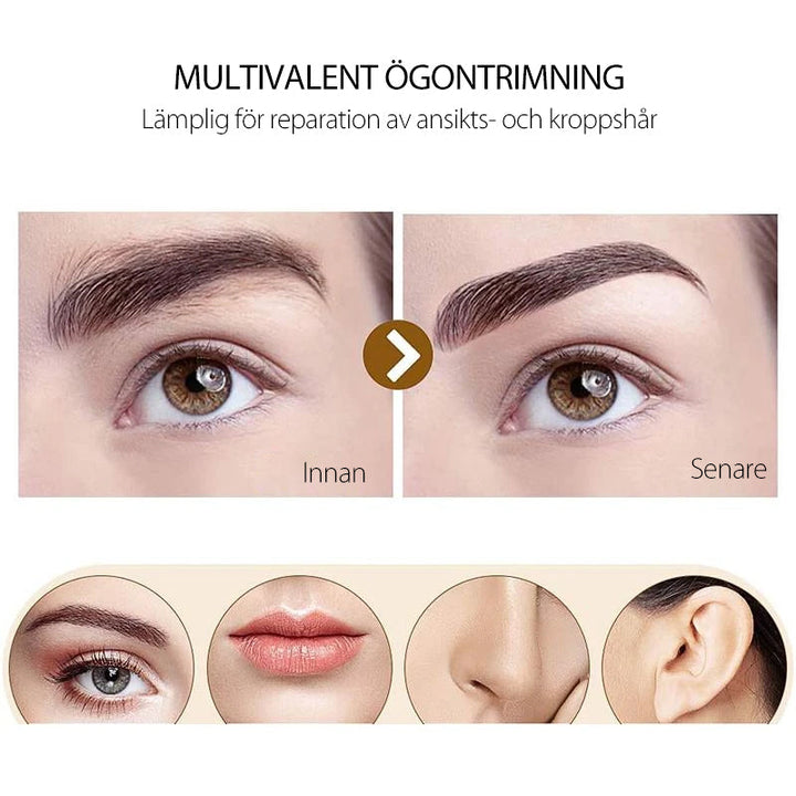 "Elegant elektrisk ögonbrynsformare i roséguld och vit, kompakt design med inbyggt ljus för precisionsfixering"