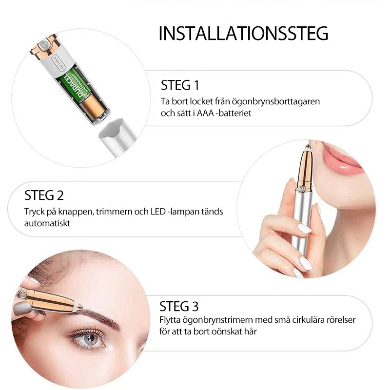 "Elegant elektrisk ögonbrynsformare i roséguld och vit, kompakt design med inbyggt ljus för precisionsfixering"