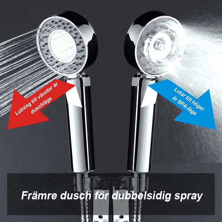"Elegant ergonomiskt duschmunstycke i silver, justerbar stråle, sparar vatten och moderniserar badrummet."