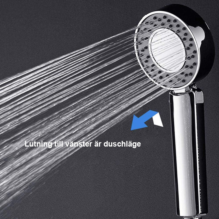 "Elegant ergonomiskt duschmunstycke i silver, justerbar stråle, sparar vatten och moderniserar badrummet."