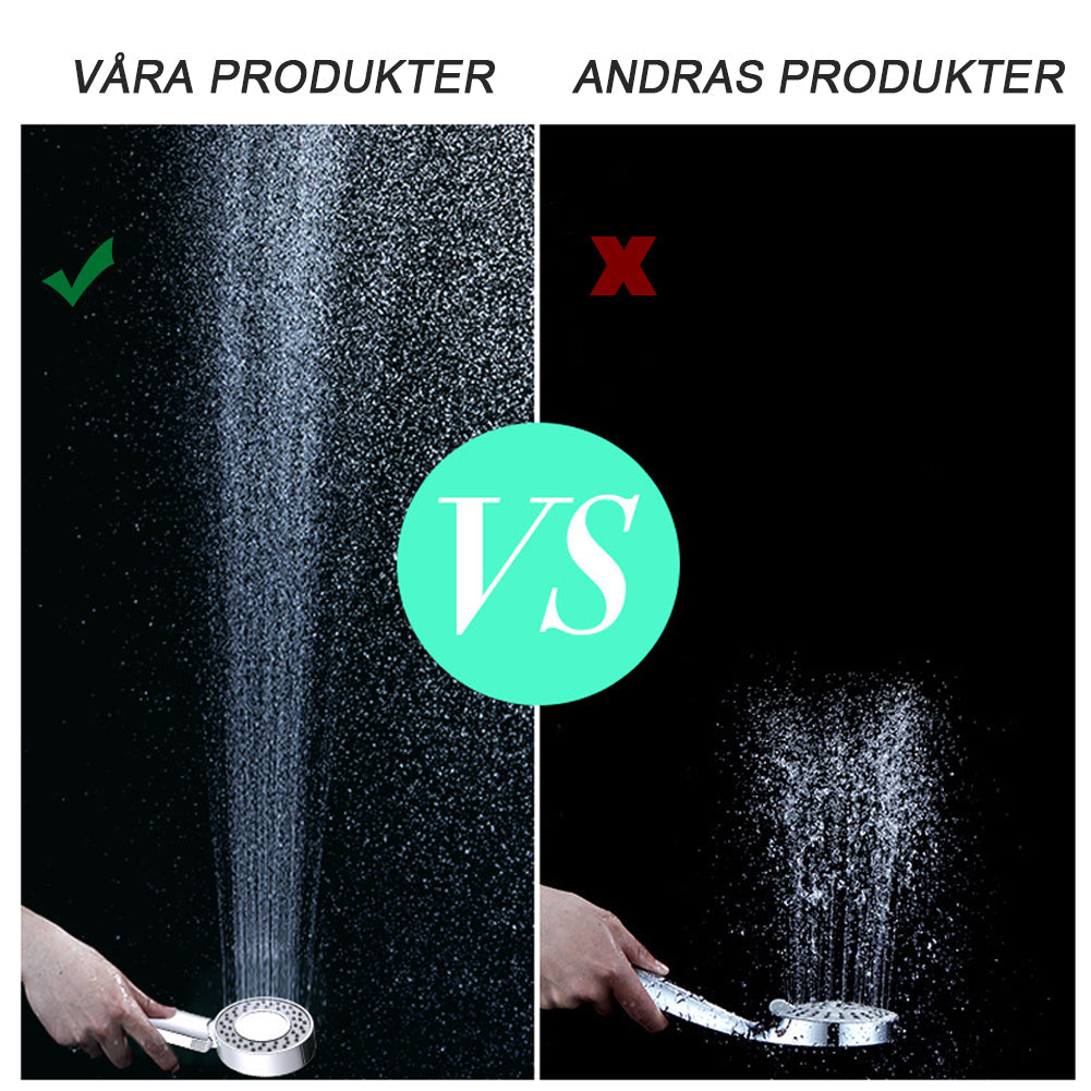 "Elegant ergonomiskt duschmunstycke i silver, justerbar stråle, sparar vatten och moderniserar badrummet."