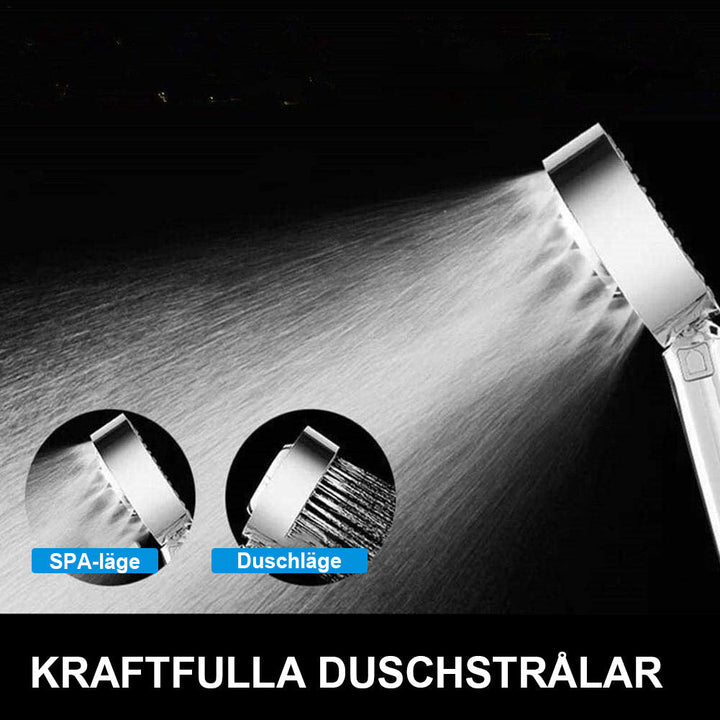 "Elegant ergonomiskt duschmunstycke i silver, justerbar stråle, sparar vatten och moderniserar badrummet."