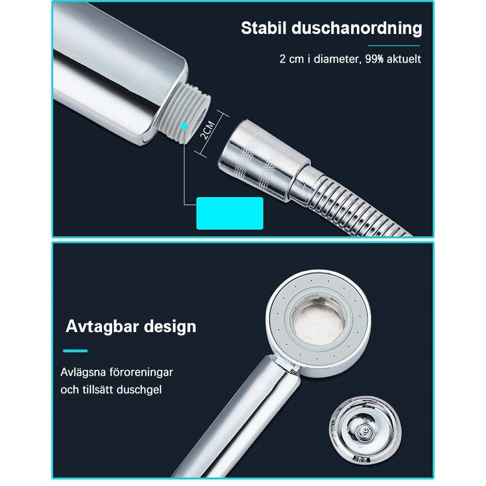 "Elegant ergonomiskt duschmunstycke i silver, justerbar stråle, sparar vatten och moderniserar badrummet."