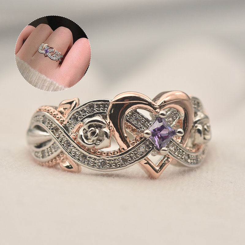 "Elegant februari ametyst ring i silver för kvinnor, handgjord, detaljrik design med hjärta och oändlighetsband."