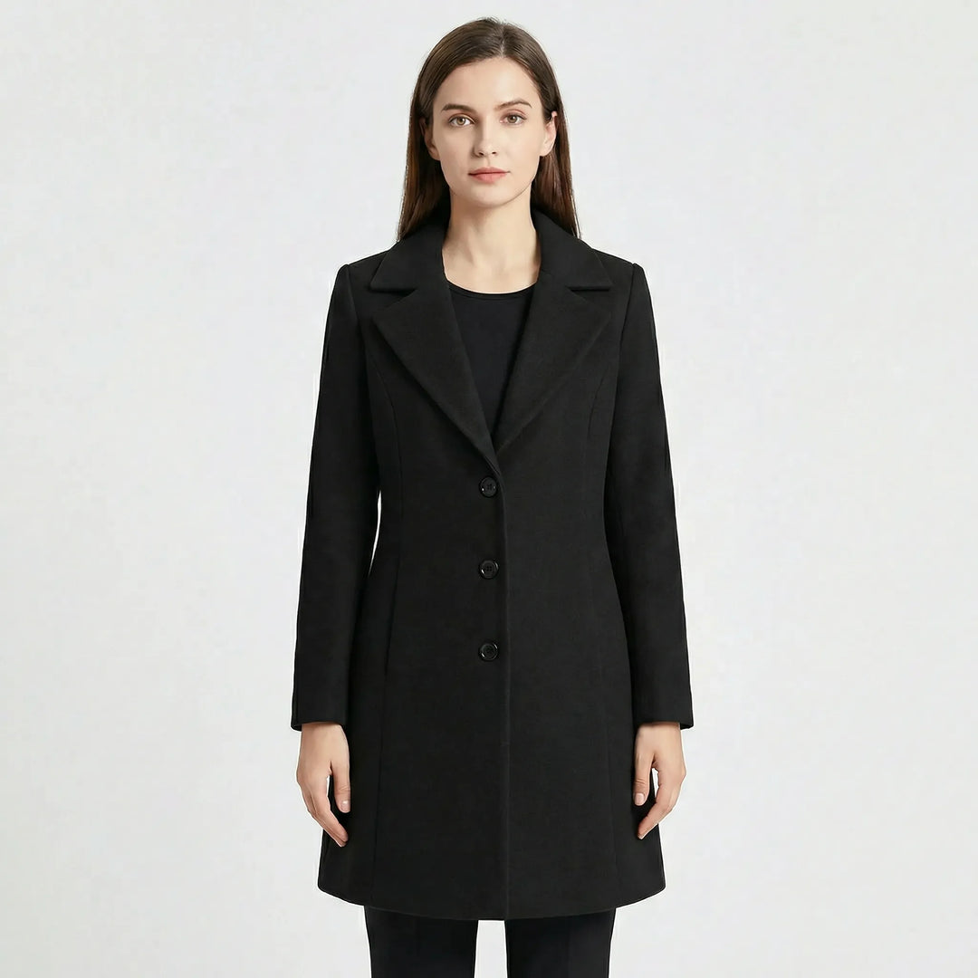 Stilren figursydd damkappa "Caitlin", en lång övergångsjacka för modern stil. Elegant höstkappa.