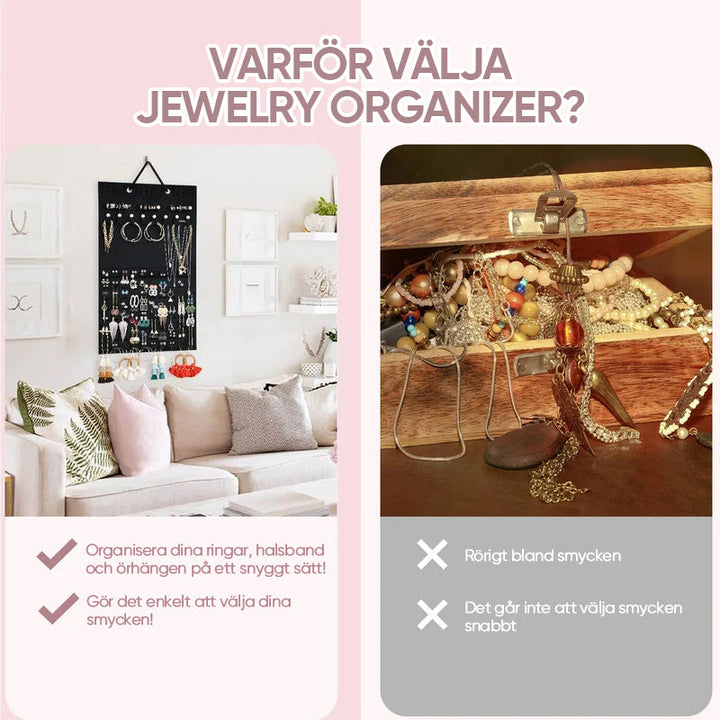 "Elegant filthängande smyckeorganisatör, stor kapacitet för örhängen och halsband, i röd, svart eller vit."