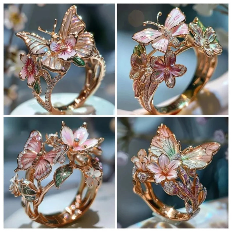 "Elegant fjärilsformad ring i roséguld och silver, justerbar storlek. Smyckad med gnistrande pavé-stenar. Damsmycke."