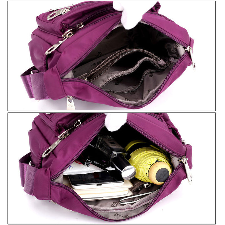 "Elegant flerlagers crossbodyväska i nylon för kvinnor, flera fack, vattentät, lämplig för mobiler och nycklar."