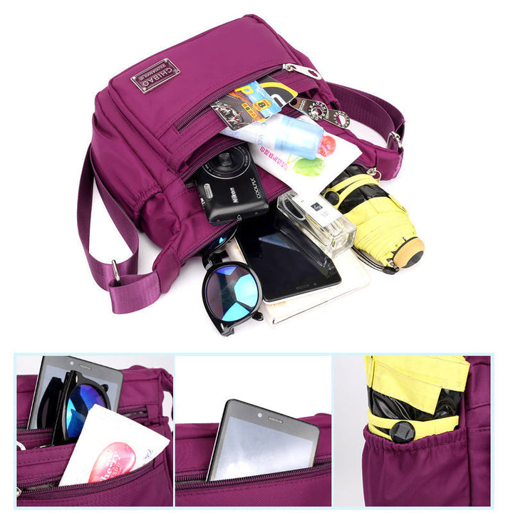 "Elegant flerlagers crossbodyväska i nylon för kvinnor, flera fack, vattentät, lämplig för mobiler och nycklar."