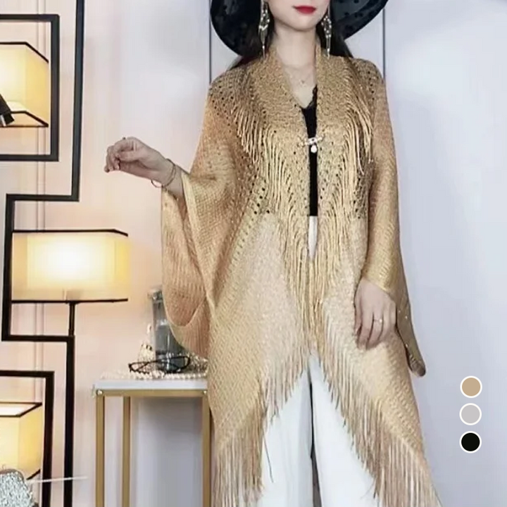 "Elegant franssjal för dam, guld med solskydd. Polyester för komfort och stil. Perfekt accessoar för alla tillfällen."