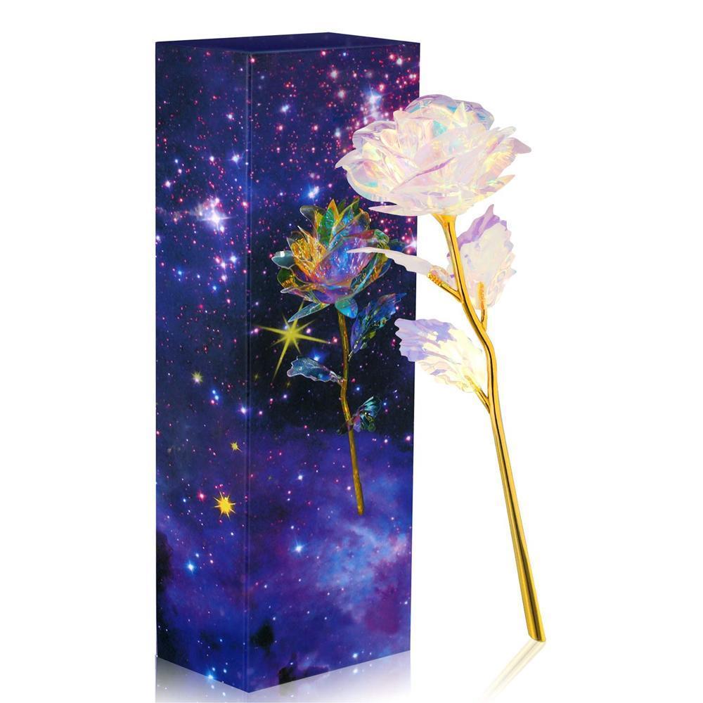"Elegant Galaxy Rose med 24 k guldplätering, glittrande blad och holografiskt sken, perfekt för lyxig hemdekor."