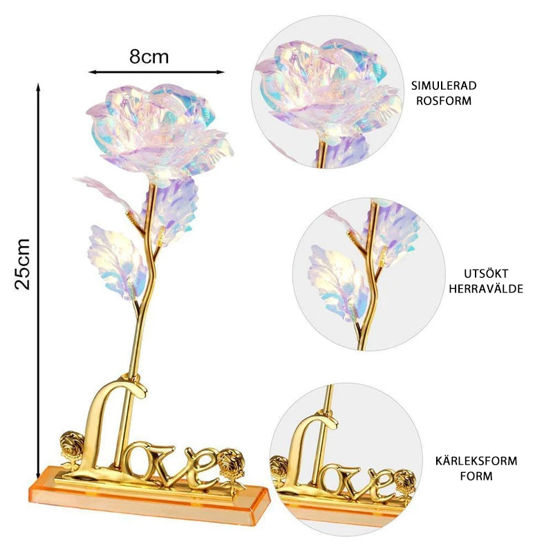 "Elegant Galaxy Rose med 24 k guldplätering, glittrande blad och holografiskt sken, perfekt för lyxig hemdekor."