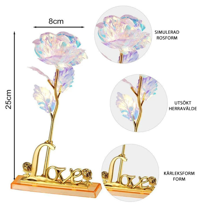 "Elegant Galaxy Rose med 24 k guldplätering, glittrande blad och holografiskt sken, perfekt för lyxig hemdekor."