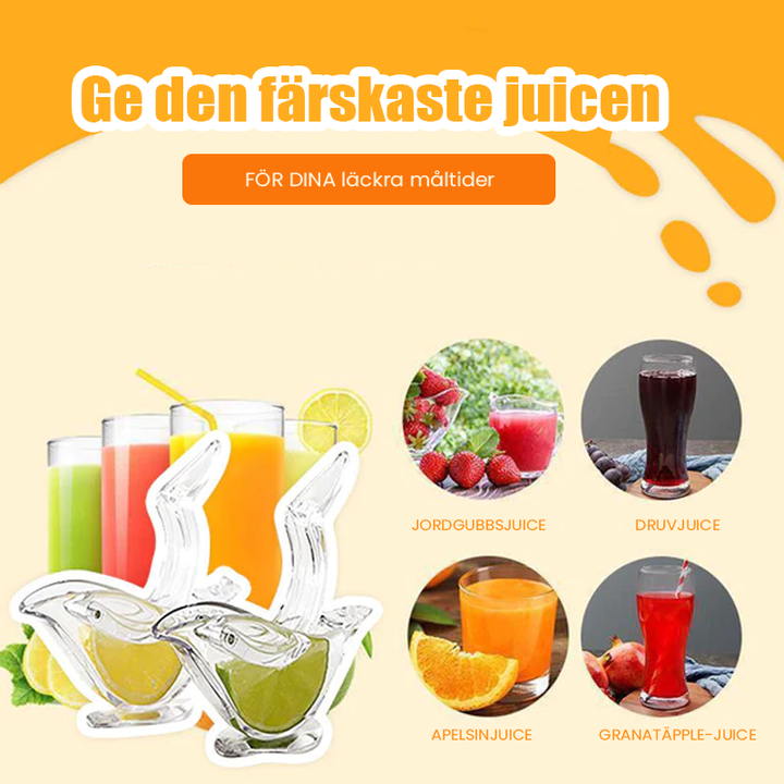 "Elegant genomskinlig manuell citronpress i fågelform, perfekt för köket, ergonomisk och lätt att rengöra."