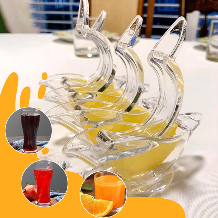 "Elegant genomskinlig manuell citronpress i fågelform, perfekt för köket, ergonomisk och lätt att rengöra."