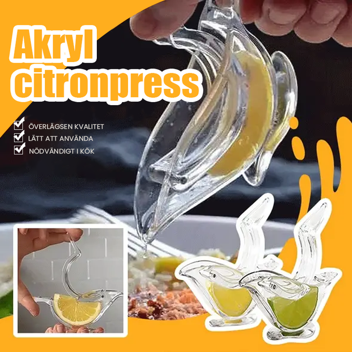 "Elegant genomskinlig manuell citronpress i fågelform, perfekt för köket, ergonomisk och lätt att rengöra."