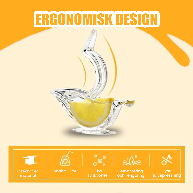"Elegant genomskinlig manuell citronpress i fågelform, perfekt för köket, ergonomisk och lätt att rengöra."