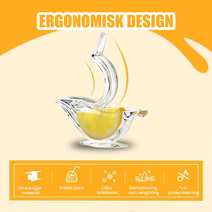 "Elegant genomskinlig manuell citronpress i fågelform, perfekt för köket, ergonomisk och lätt att rengöra."