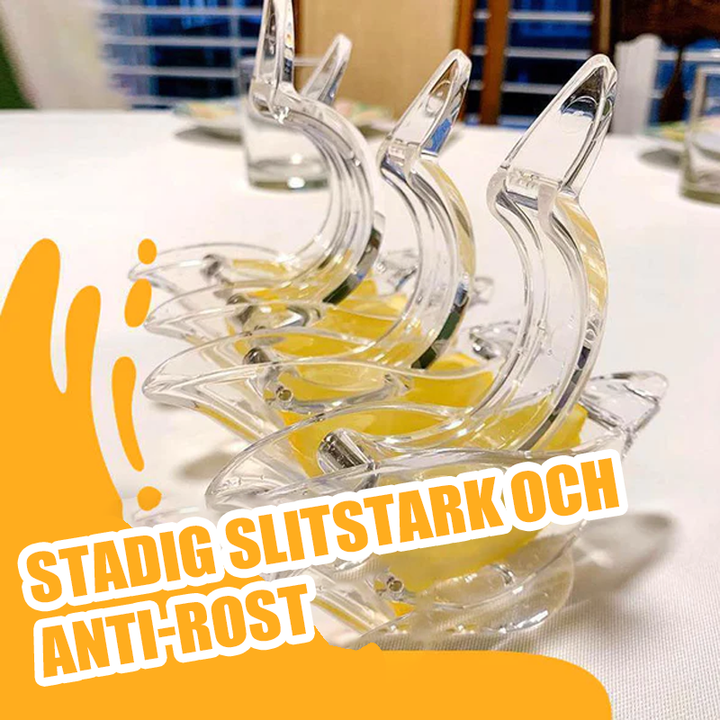 "Elegant genomskinlig manuell citronpress i fågelform, perfekt för köket, ergonomisk och lätt att rengöra."