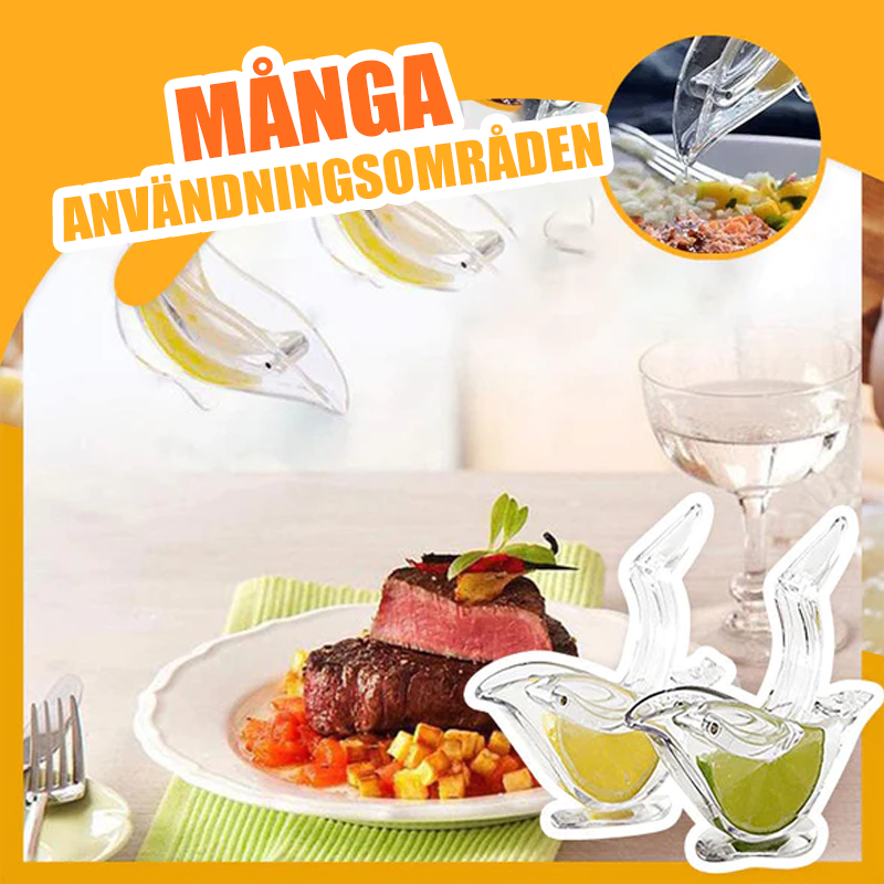 "Elegant genomskinlig manuell citronpress i fågelform, perfekt för köket, ergonomisk och lätt att rengöra."