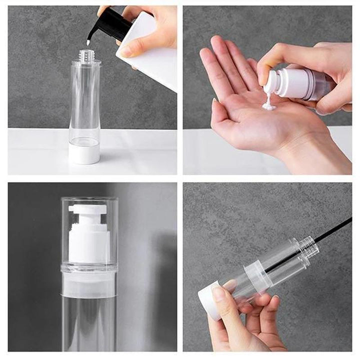 "Elegant genomskinlig pumpflaska för resor, hållbar plast, luftlös design, idealisk för skönhetsprodukter och essenser."