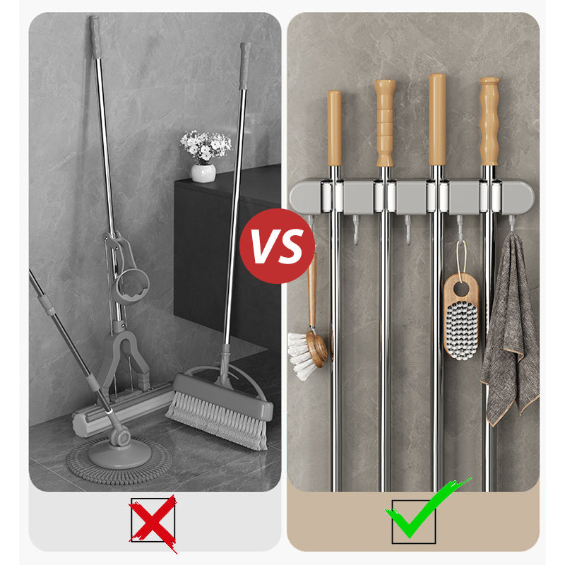 "Elegant grå mopphållare i hållbar plast för ordning och förvaring, med flexibla krokar och mjuka silikonsektioner."