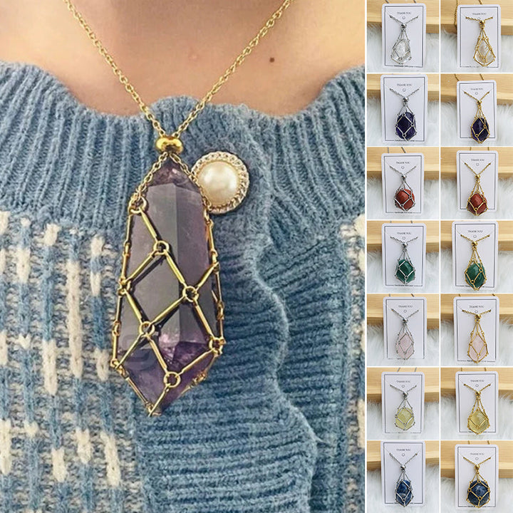 "Elegant halsband med utbytbara färgkristaller, metallkedja i silver/guld för helande och stil, mångfald i design."