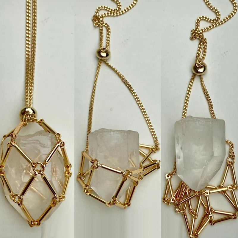 "Elegant halsband med utbytbara färgkristaller, metallkedja i silver/guld för helande och stil, mångfald i design."