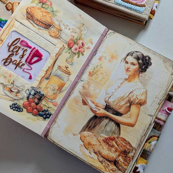 Handgjord receptjournal på köksbänken, omgiven av kryddor. Inspiration för nya matrecept och matlagning.