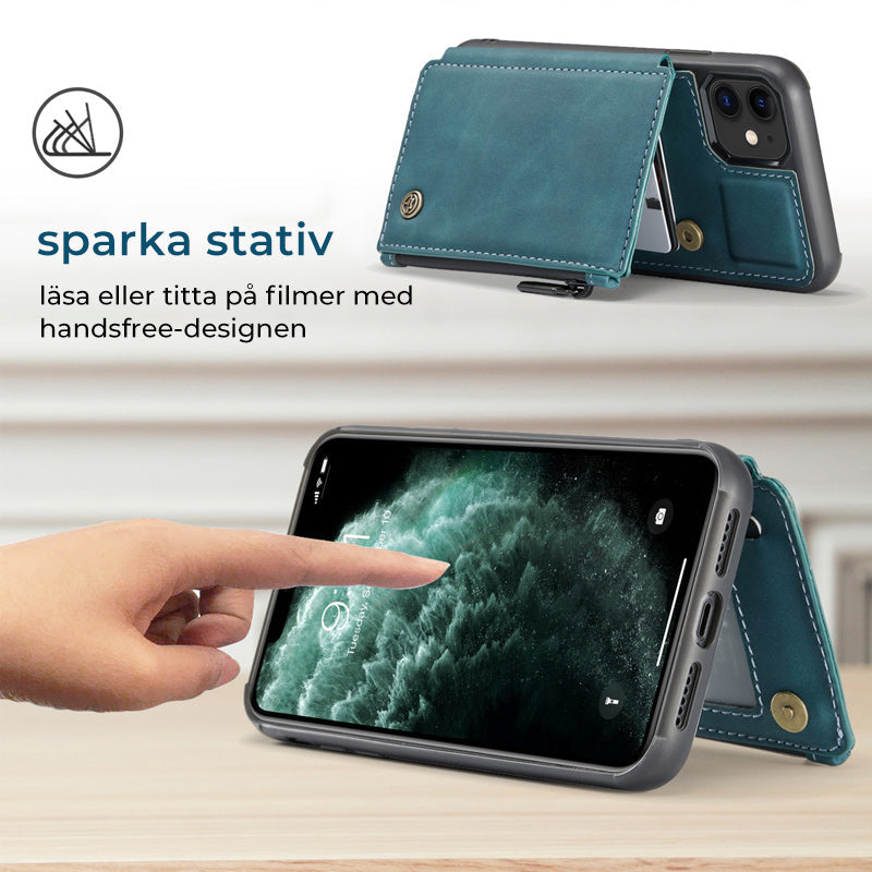 "Elegant herr flip fodral i svart PU-läder med korthållare, telefonstativ, skyddar telefon, sofistikerad design"