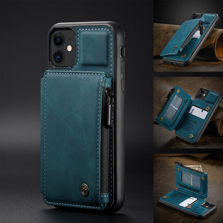 "Elegant herr flip fodral i svart PU-läder med korthållare, telefonstativ, skyddar telefon, sofistikerad design"