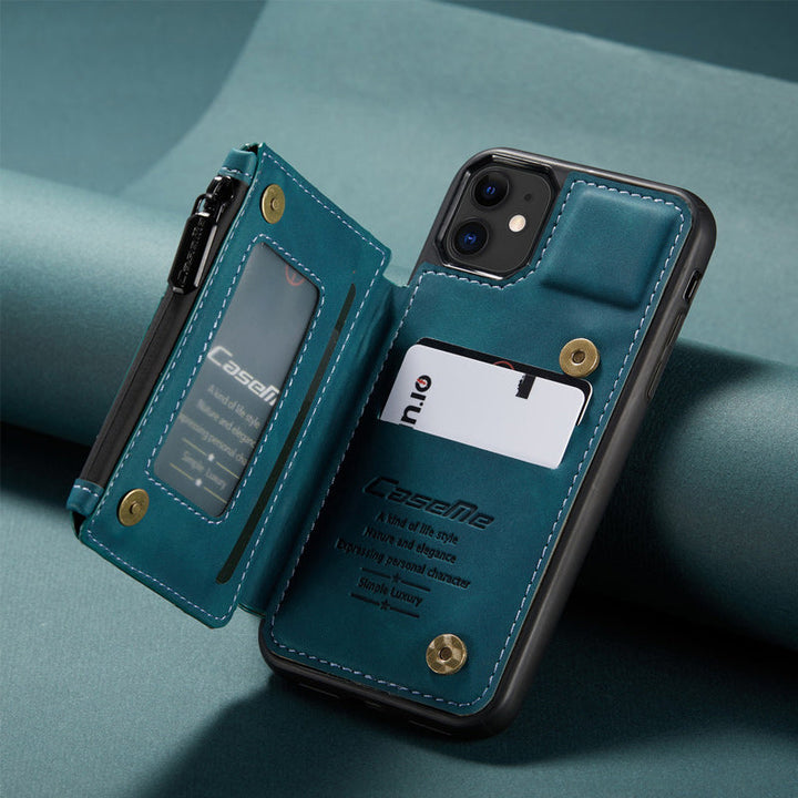 "Elegant herr flip fodral i svart PU-läder med korthållare, telefonstativ, skyddar telefon, sofistikerad design"