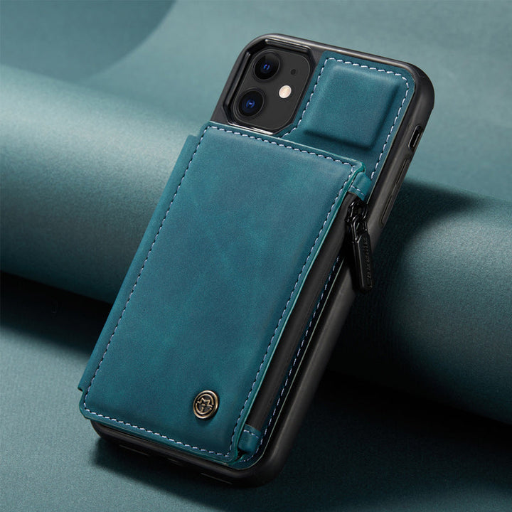 "Elegant herr flip fodral i svart PU-läder med korthållare, telefonstativ, skyddar telefon, sofistikerad design"