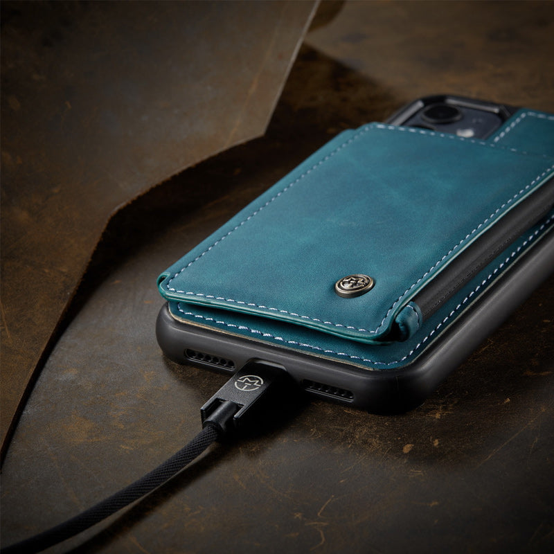 "Elegant herr flip fodral i svart PU-läder med korthållare, telefonstativ, skyddar telefon, sofistikerad design"